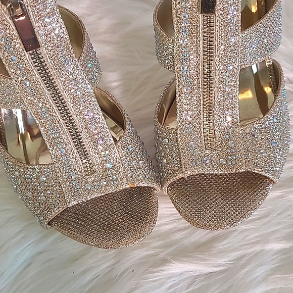 Rhinestone Bling Metallic Gold Heel Vegas Sparkly Stiletto Open Toe Heels Sz 7 - Picture 6 of 17